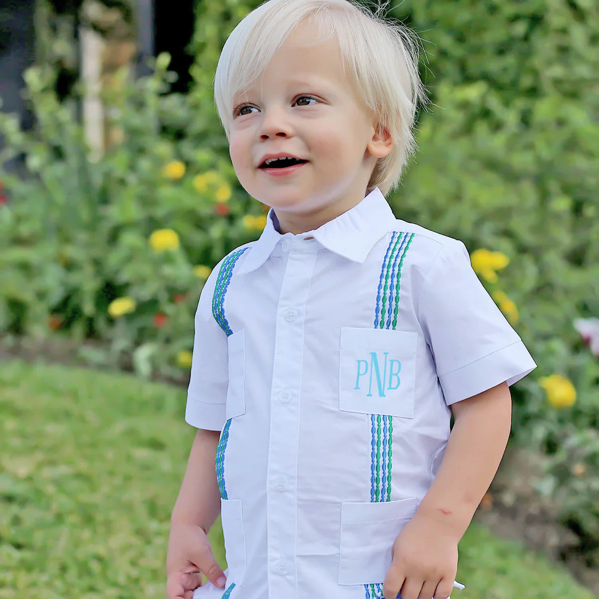 White with Blue & Green Embroidered Guayabera Shirt | Classic Whimsy