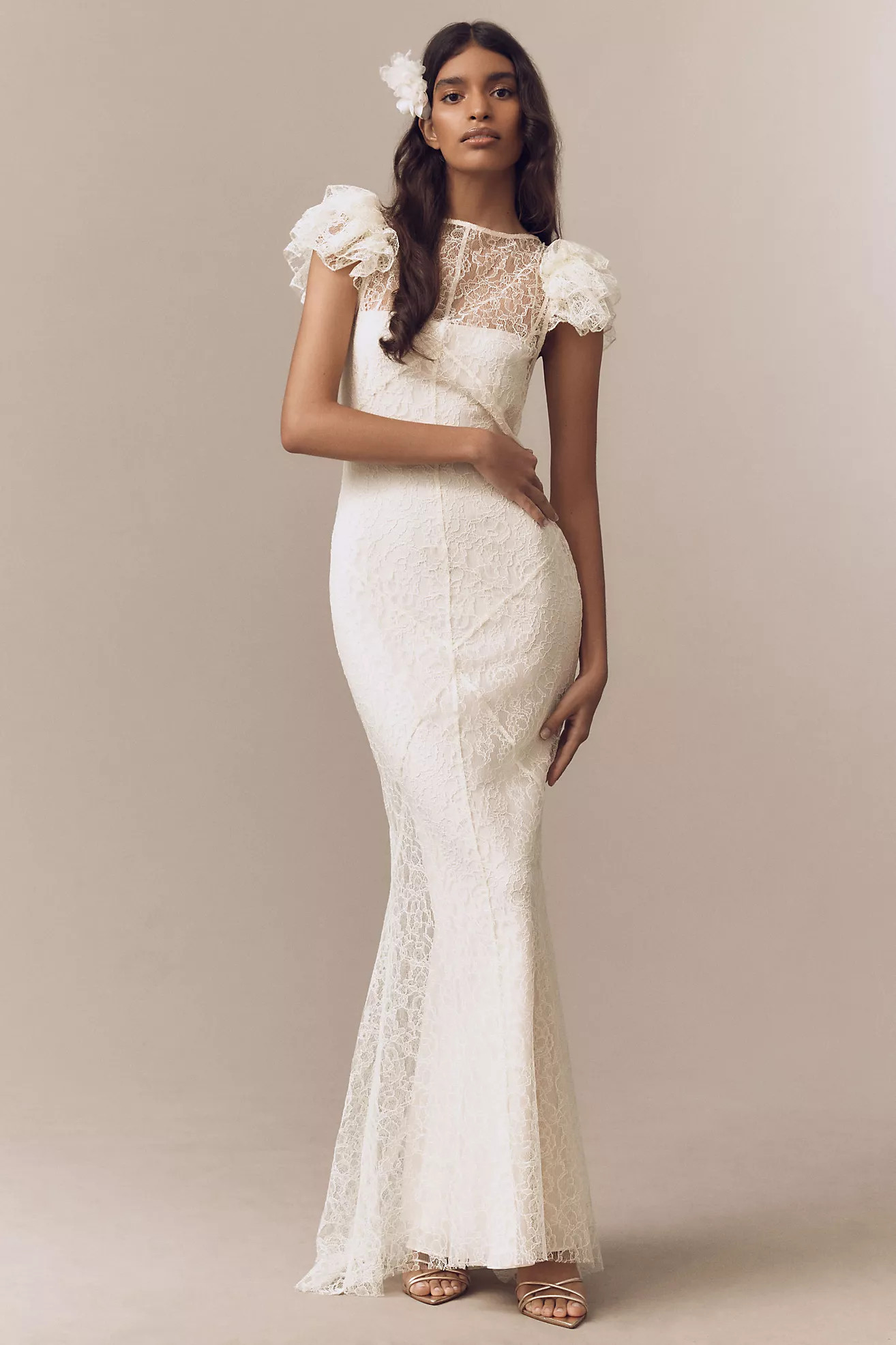 De La Vali Nephele Lace Flutter-Sleeve Fishtail Maxi Dress | Anthropologie (US)