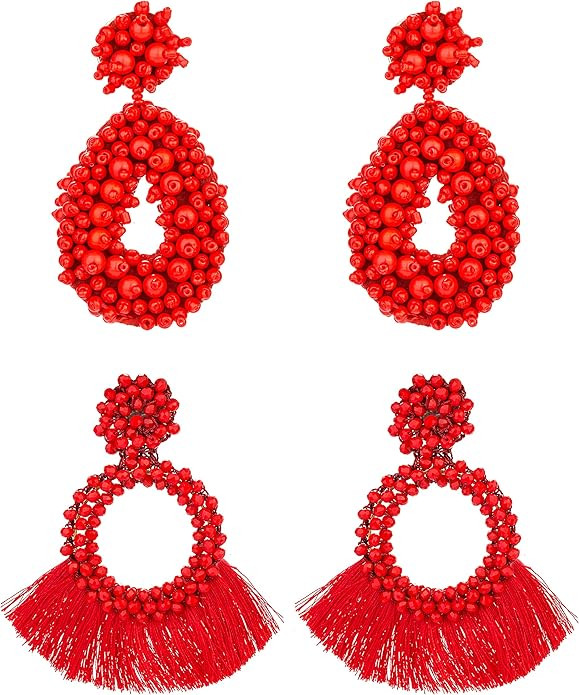 YOVORO 2 Statement Drop Earrings for Women Girls Bohemian Beaded Hoop Dangle Earrings Tassel Hand... | Amazon (US)