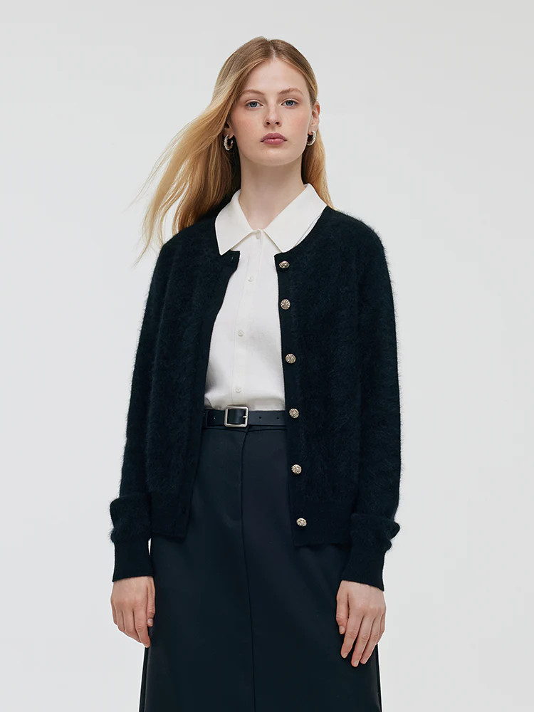 Black Brushed Cashmere Women Cardigan - Black / S | GOELIA