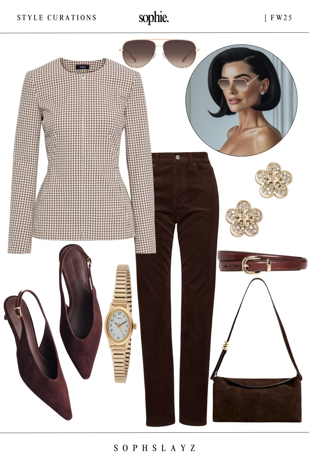 This look: tailored top, chocolate brown corduroys, slingback kitten heels, gold floral studs, and a timeless gold watch.
A 90s Carolyn Bessette Kennedy style look with a fresh take. Iconic and polished. Wear this outfit to lunch, casual office days, or a museum visit. 

🔎 checkered blouse outfit, chocolate brown pants, fall casual chic, corduroy trousers, vintage floral earrings, classic gold watch, elevated daytime style, vintage watch for women, chic style, polished outfit


#LTKootd