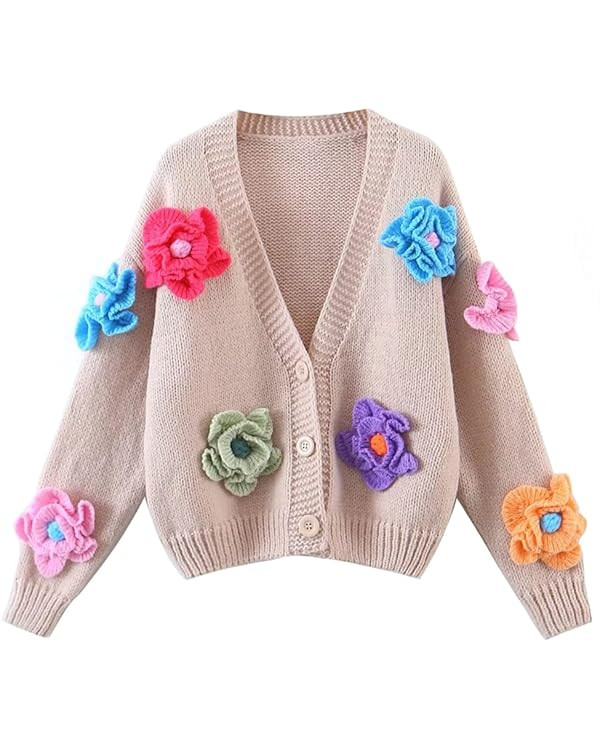 HOULENGS Women's Strawberry Print Button Down Long Sleeve V Neck Crop Cardigan Sweater | Amazon (US)