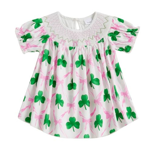 Toddler Baby Girl St Patricks Day Outfit Clover Smocked Dress Short Sleeve Bow Shamrock Dress Irish Day Clothes | Amazon (US)