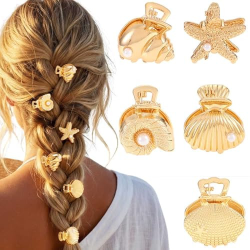 BARTOSI Gold Shell Hair Clips Small Starfish Claw Clip Cute Seashell Hair Accessories for Women and Girls (Pack of 5) | Amazon (US)