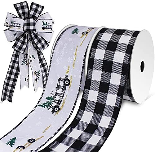 2 Rolls Christmas Wired Ribbon 2 1/2” X 60 Feet, Burlap Black and White Buffalo Plaid Wired Rib... | Amazon (US)