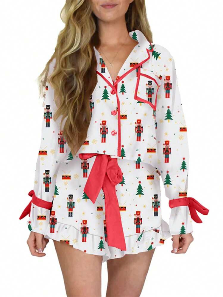 Women Christmas Pajamas Set Santa /Plaid /Bow Print Bow Tie Long Sleeve Button Down Shirts Top An... | SHEIN