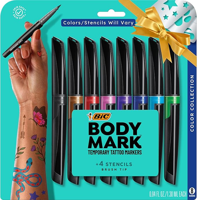 BIC BodyMark Temporary Tattoo Markers for Skin (MTBP81-AST), Color Collection, Flexible Brush Tip... | Amazon (US)