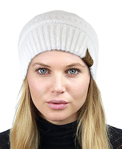 C.C Unisex Chunky Soft Stretch Cable Knit Warm Fuzzy Lined Skully Beanie, White with Hair Tie | Amazon (US)
