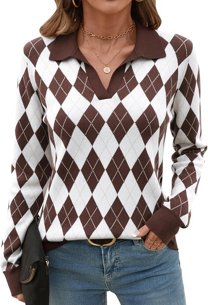 Romanstii Women's Knitted Collared Sweaters Long Sleeve V-Neck Polo Shirts Winter Pullover Tops | Amazon (US)