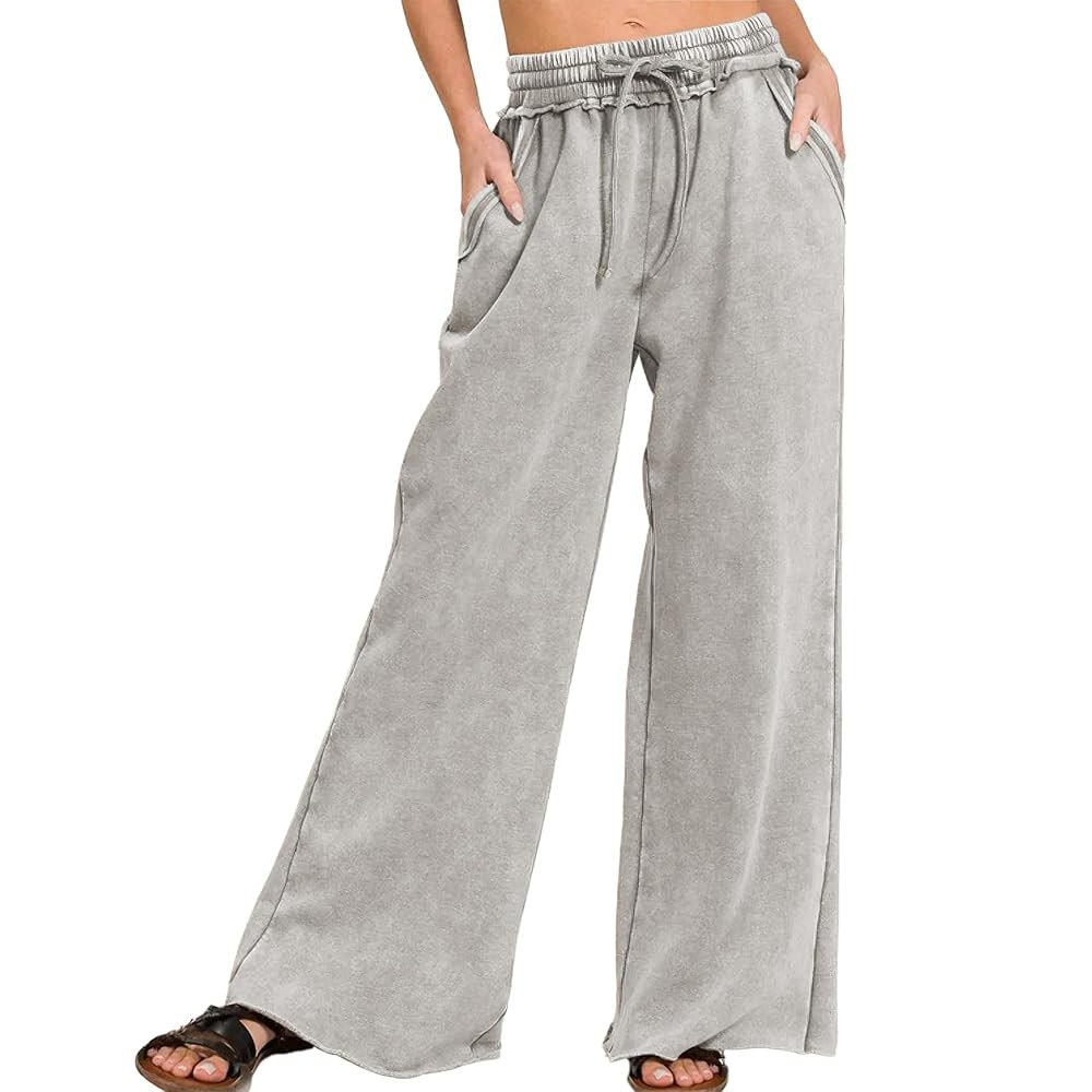 Ainangua Women Acid Wash Palazzo Sweatpants Casual High Waist Drawstring Wide Leg Pants Baggy Fle... | Amazon (US)