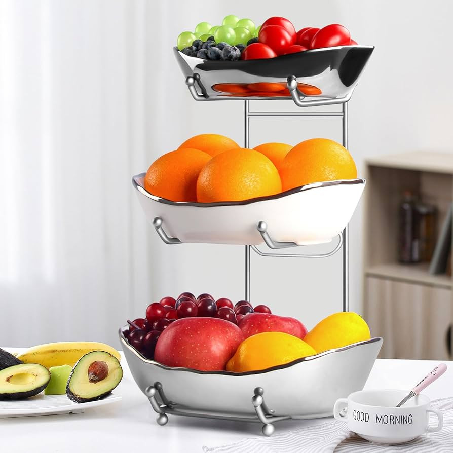 LIJINGCHEN Fruit Bowl for Kitchen Counter, 3 Tier Ceramic Fruit Basket, Modern Multi Layer Fruit ... | Amazon (US)