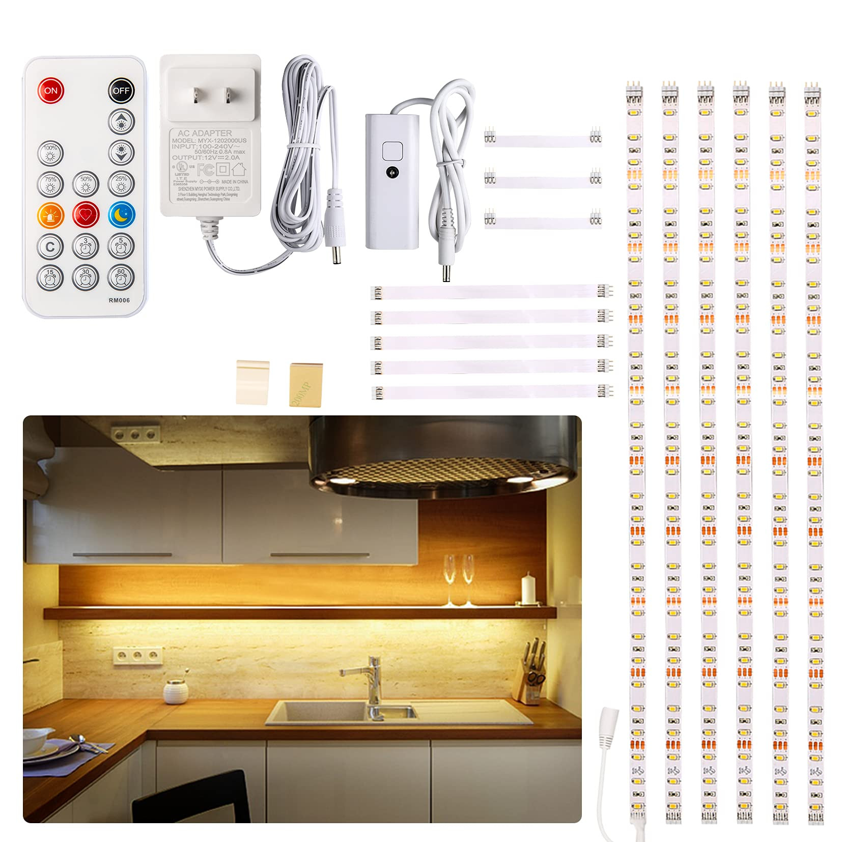 WOBANE Under Cabinet LED Lighting kit, 6 PCS LED Strip Lights with Remote Control Dimmer and Adap... | Amazon (US)