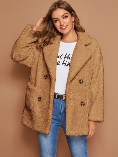 SHEIN Notched Collar Double Breasted Pocket Front Teddy Coat | SHEIN