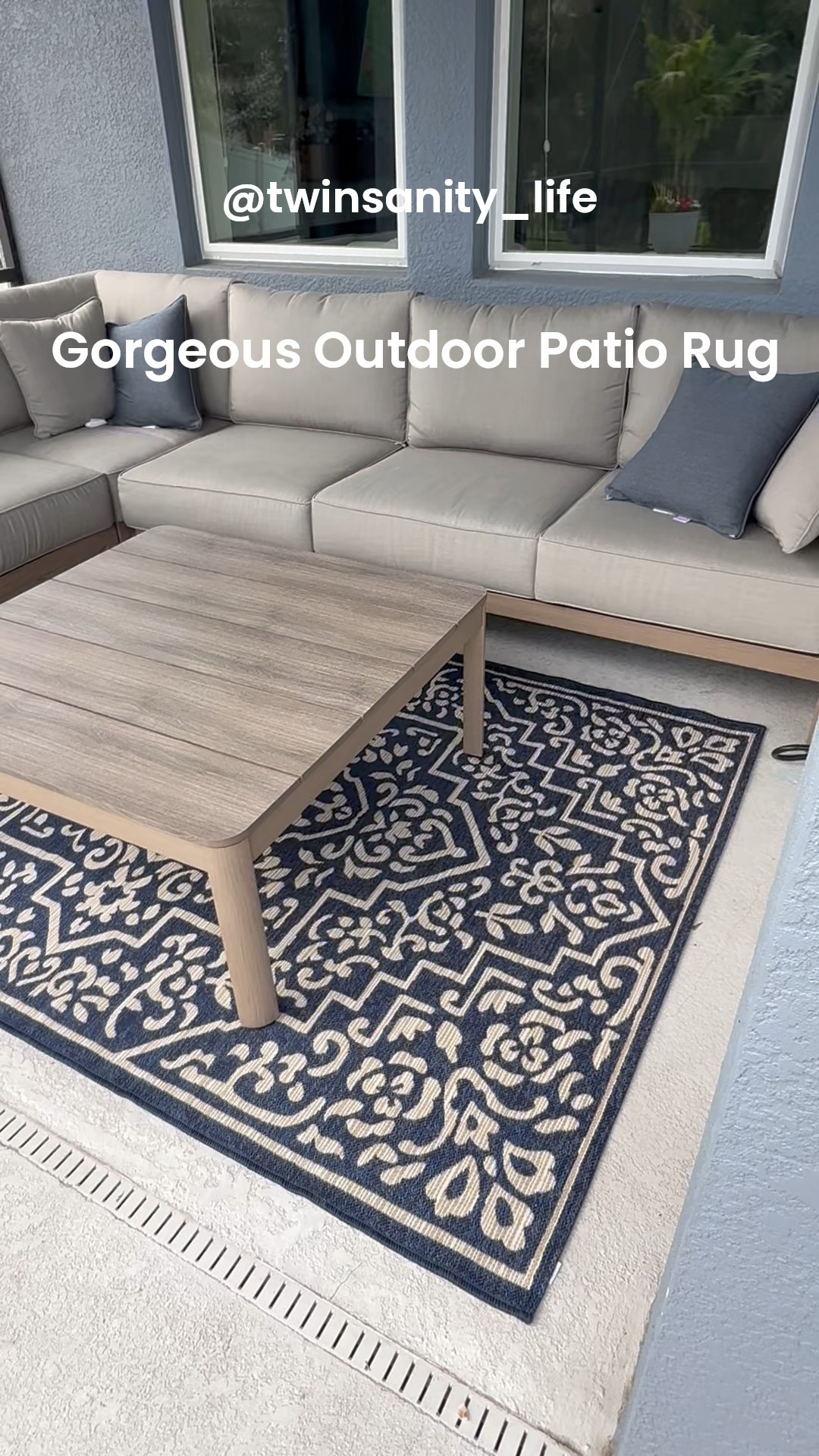 I am obsessed with my new outdoor patio rug!! It is super soft and high-quality with beautiful rich navy & tan colors, and matches my new patio furniture perfectly. 
The best part?  I got it at Walmart for less than $40!!!! SUCH a DEAL!

Outdoor Sectional Sofa. Home. Yard. Sale. Blue. Weatherproof. Coastal. Waterproof. Area Rug. Classy. Elegant. Summer. Spring. Home Decor. Home Decorating. Beachy. Pool. Resort. Trending. Gray. Neutrals. Comfy. Cozy. Sunbrella  

#LTKHome #LTKSeasonal #LTKSaleAlert