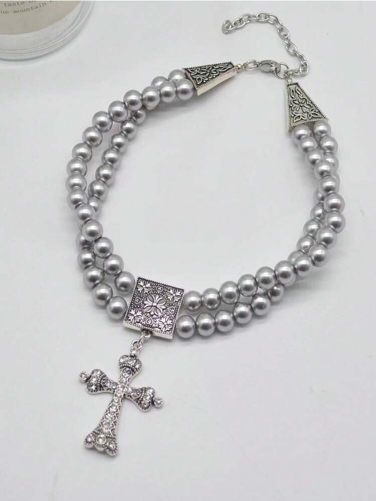 1pc Asymmetrical Faux Pearl Cross Pendant Necklace, Personalized And Fashionable, Suitable For Ladies On Any Occasion | SHEIN