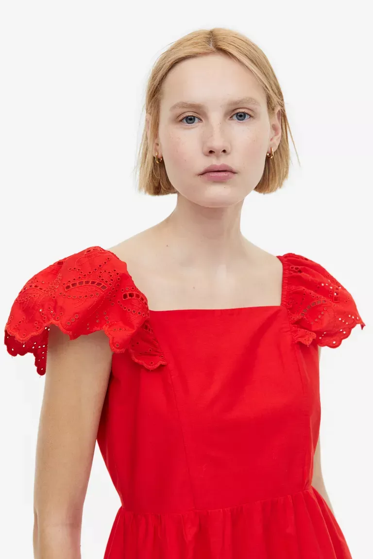 H&M Ladies Red Dress with Eyelet Embroidery