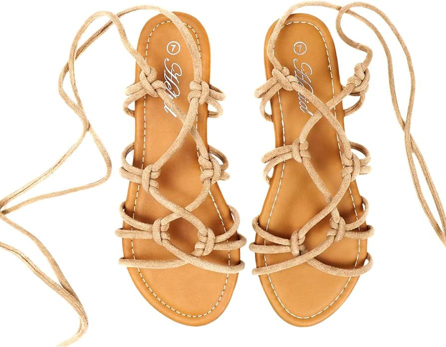 Women's Open Toe Lace Up Gladiator Flat Sandals，Slip on Roman Sandals | Amazon (US)