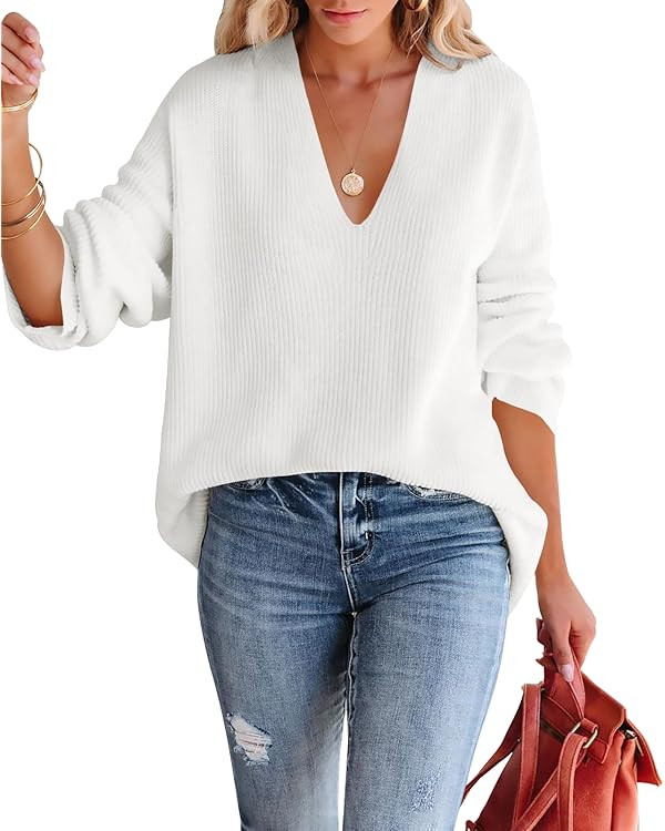 Imily Bela Womens Oversized Deep V Neck Sweaters Sexy Long Sleeve Tunic Sweater Knitted Dressy Pu... | Amazon (US)