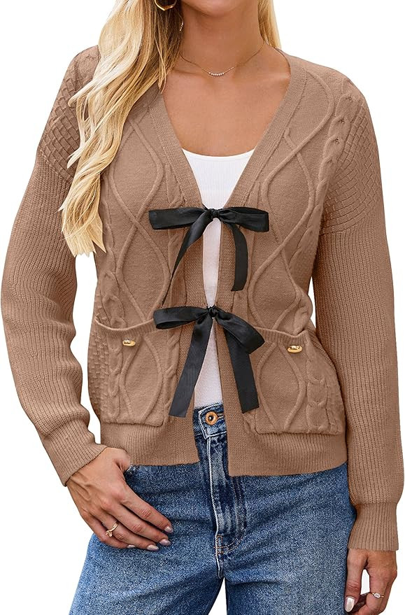BMJL Womens Cardigan Sweater Cropped Tie Front Bow Sweaters Cable Knit Long Sleeve Trendy Clothes... | Amazon (US)