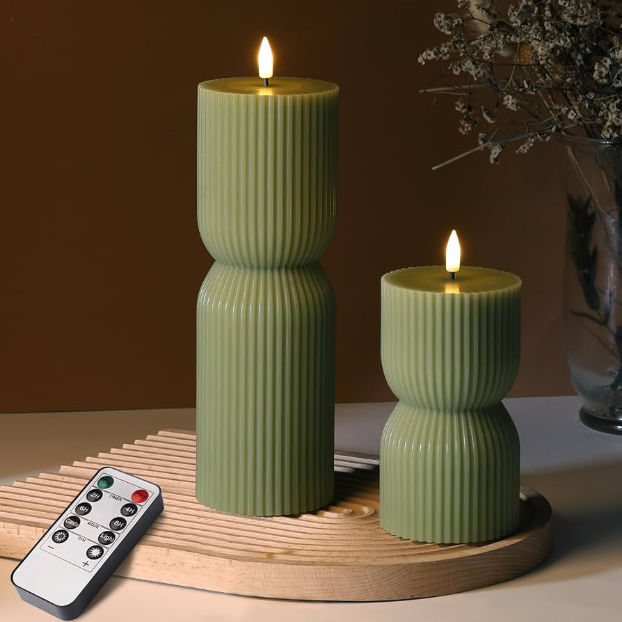 Olive Green Ribbed Flameless Pillar Candles with Remote Set of 2     2 AA Battery Powered, Flicke... | Amazon (US)