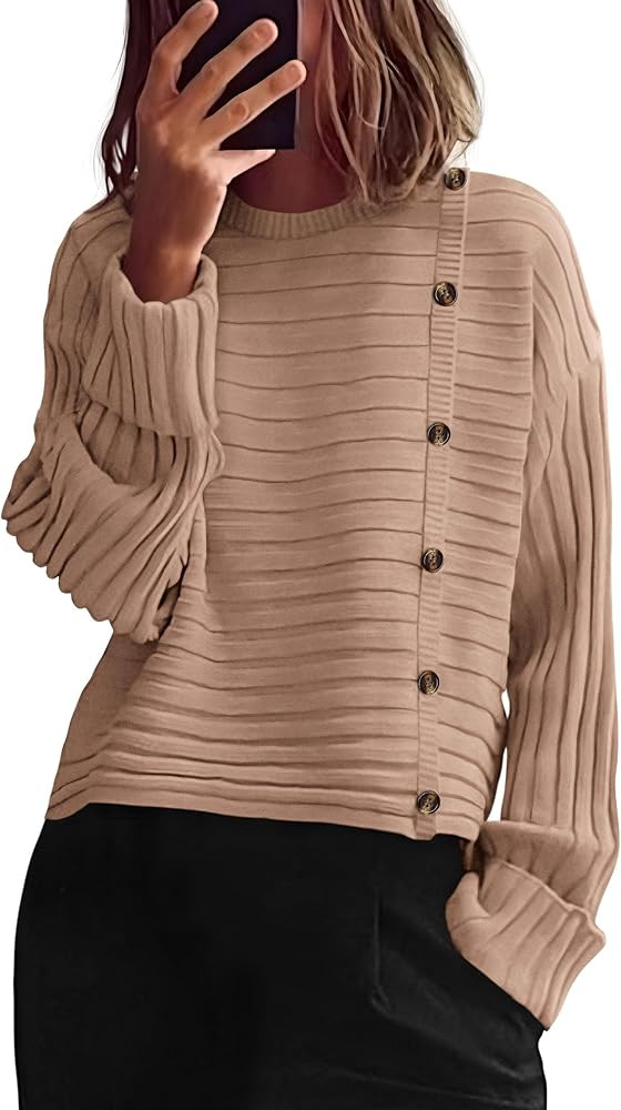 PRETTYGARDEN Womens Sweaters Fall 2026 Casual Long Sleeve Crewneck Button Loose Winter Knit Pullo... | Amazon (US)