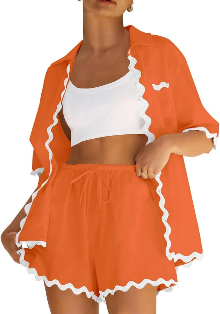 ARTFREE Women's 2 Piece Outfit Sets Beach Short Sleeve Button Down Shirts and Shorts Pajama Sets ... | Amazon (US)