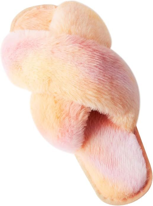 RAISEVERN Fuzzy Slippers Women Cross Band Fluffy Fur Slippers Slides | Amazon (US)