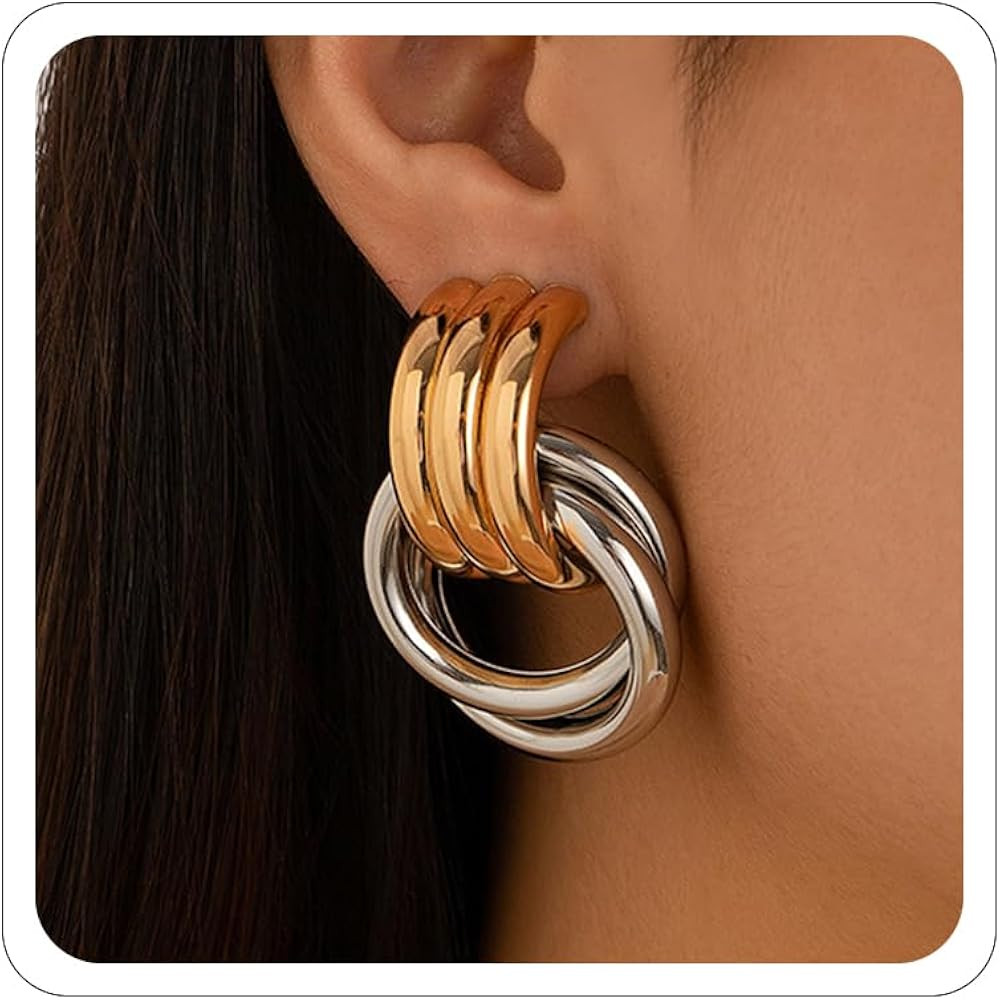 Gold Earrings for Women Trendy Gold Chunky Hoop Geometric Statement Hollow Tube Earrings Long Lin... | Amazon (US)
