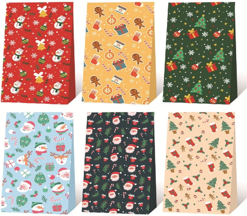 Amazon.com: 12 PCS Gloss Christmas Gift Bags 8.6" x 4.7" - Snowman, Gingerbread, Santa, Tree Desi... | Amazon (US)