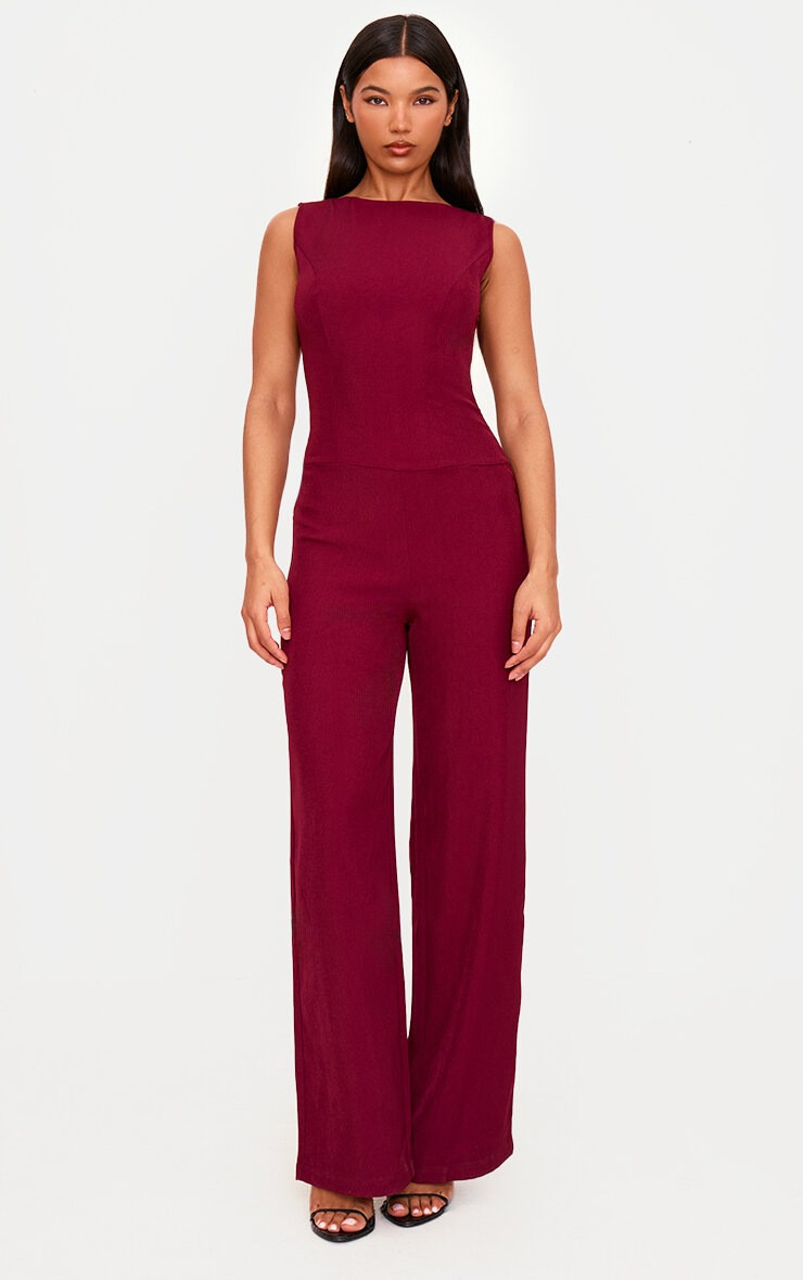 Burgundy Structured Woven Open Back Detail Straight Leg Jumpsuit | PrettyLittleThing UK