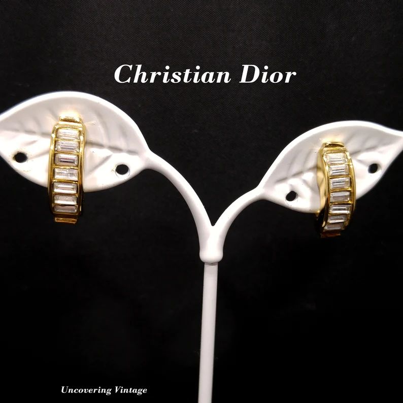 Christian Dior Half Hoop Baguette Rhinestone Clip Earrings, 1970s Vintage Jewelry | Etsy (US)