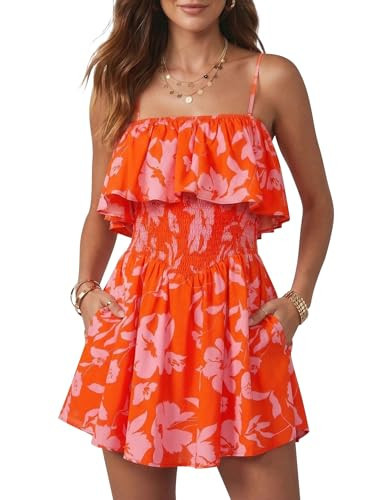 AIMCOO Women's Rompers Summer Sleeveless Floral Print Boho Spaghetti Strap Flowy Ruffle Hem Shorts Jumpsuit with Pocket Orange Pink Floral-Straps Large | Amazon (US)