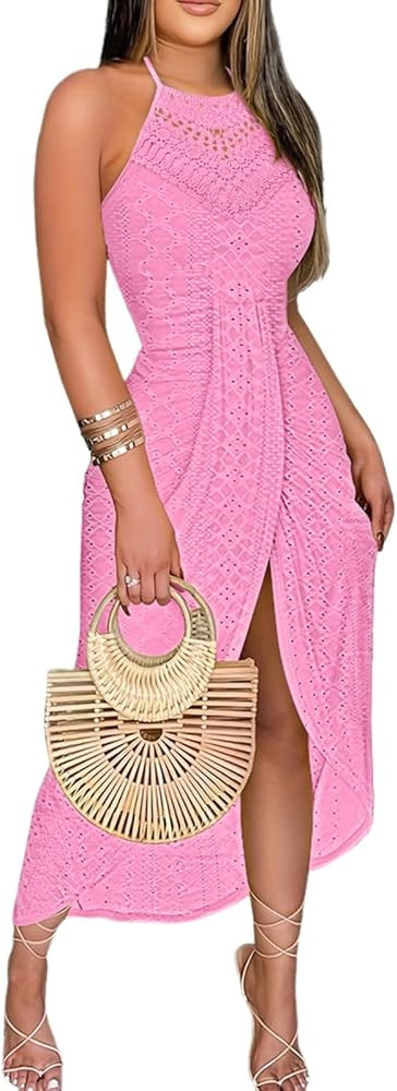 CHICME Womens Summer Halter Dress Hollow Out A Line Vacation Dresses with Eyelet Embroidery & Sid... | Amazon (US)