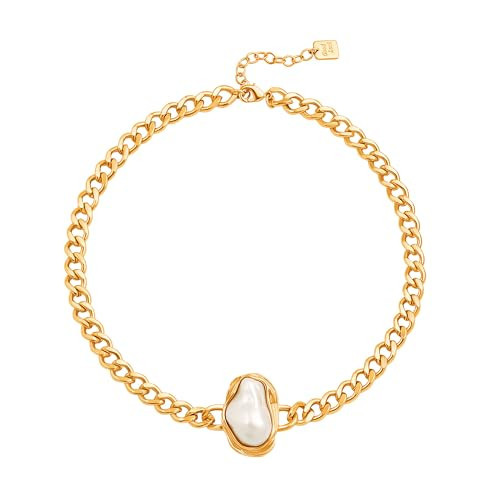 Chunky Gold Baroque Pearl Necklace, Statement Cuban Chain Choker Necklace for Women | Amazon (US)