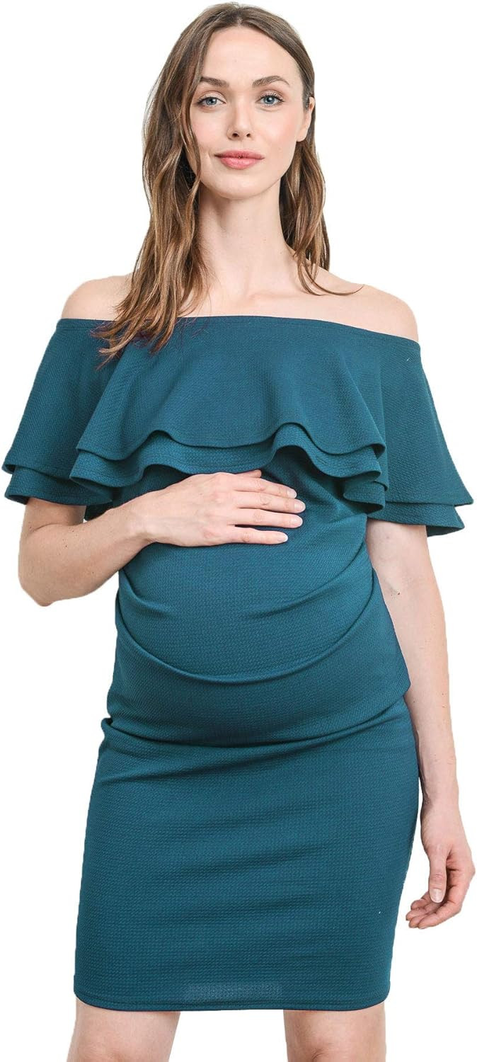 LaClef Women's Off Shoulder Maternity Dress with Double Ruffle | Amazon (US)