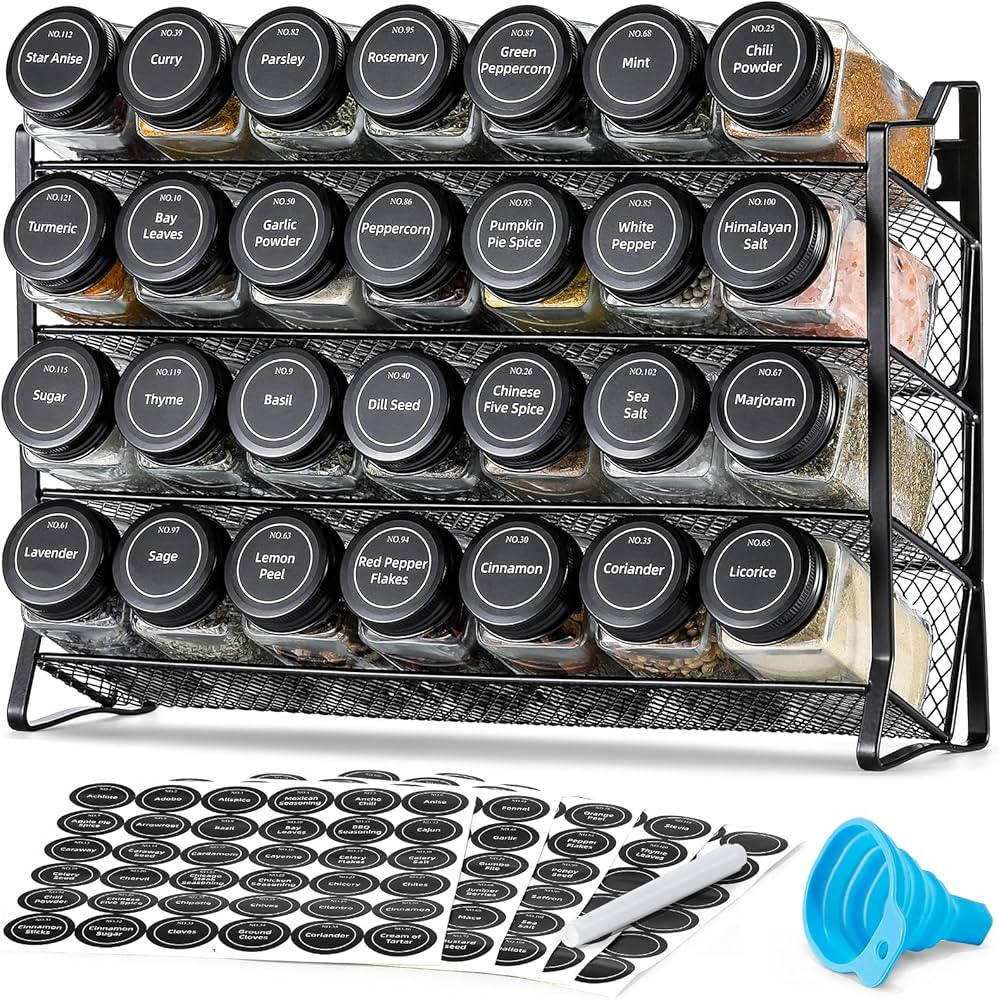 AOZITA Spice Rack Organizer for Cabinet, Spice Organizer with 28 Empty Spice Jars with Black Lids... | Amazon (US)