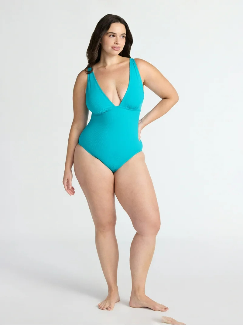 Time and Tru Women\u2019s and Women\u2019s Plus Ribbed Plunge One Piece Swimsuit, Sizes XS-2X | Walmart (US)