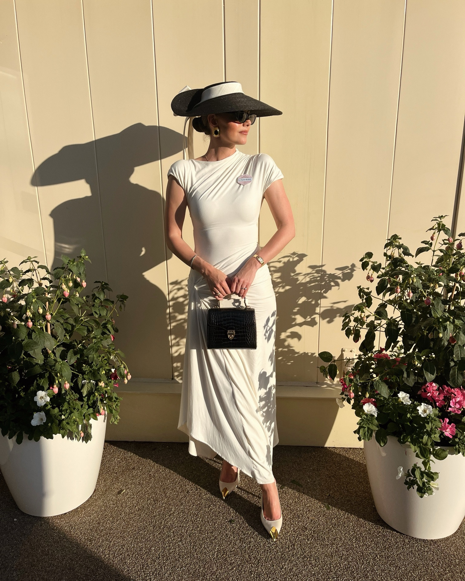 AYM cream draped jersey dress
Aspinal black croc Mayfair bag
Saint Laurent black cat eye sunglasses
Royal Ascot style 
Wedding inspiration 
Event dressing

#LTKSeasonal #LTKstyletip #LTKwedding