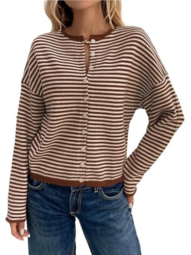 utcoco Women's Cropped Striped Button Down Knit Cardigans Soft Lightweight Cardigan Sweaters Outerwear (Medium, Coffee) | Amazon (US)