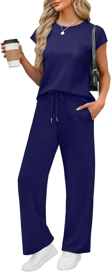 WIHOLL 2 Piece Sets for Women Casual Summer Travel Vacation Outfits Cap Sleeve Lounge Set | Amazon (US)