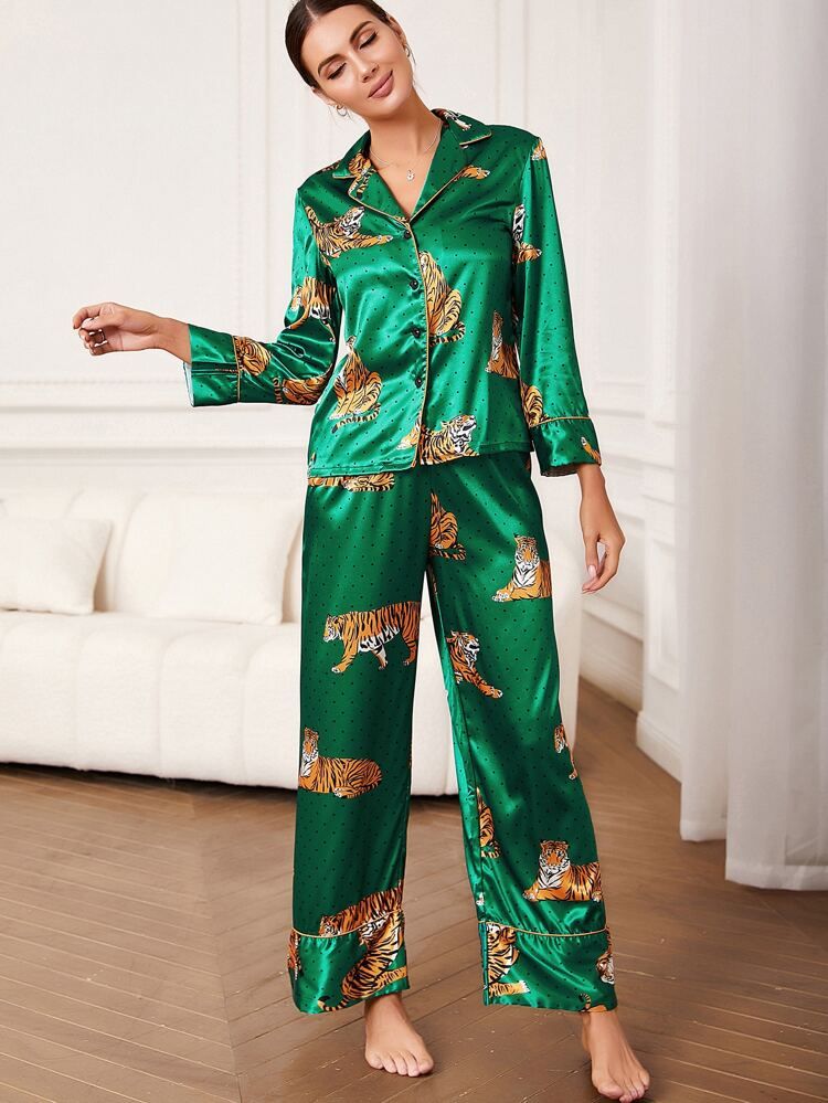 Polka Dot & Tiger Print Contrast Piping Satin PJ Set | SHEIN