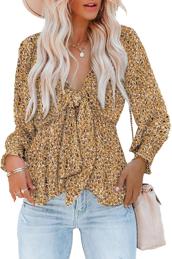 Dokotoo Womens Summer Tops Deep V Neck Front Tie Knot Long Sleeve Shirts Babydoll Blouses | Amazon (US)