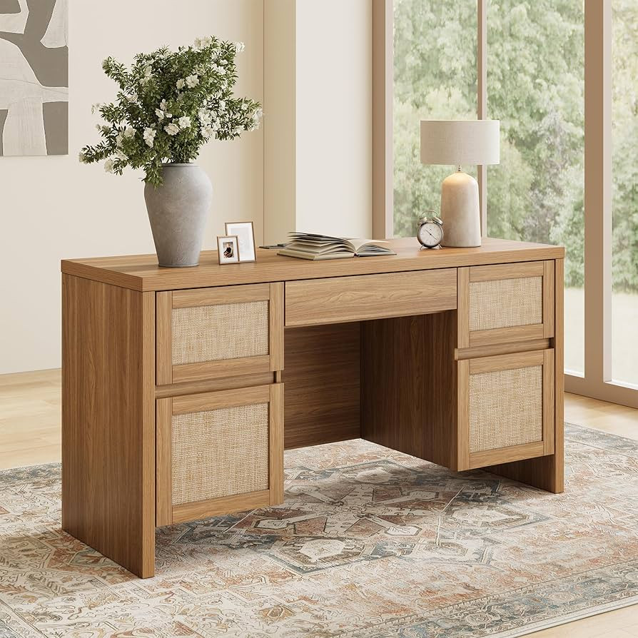 Yechen Executive Desk with 5 Drawers, 57" Modern Rattan Home Office Desk with Charging Station, F... | Amazon (US)