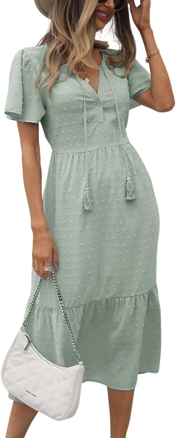 Dokuritu Womens Casual Dress Short Sleeve Swiss Dot Dress Short Sleeve Tie Neck A-line Chiffon Ca... | Amazon (US)
