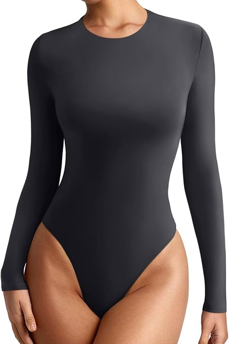 REORIA Women's Crew Neck Long Sleeve Bodysuits Basic Slim Fit Comfy Lightweight Layering Top Fall... | Amazon (US)