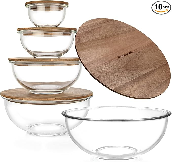 Set of 5 Nesting Glass Bowls with New Updated Acacia Lids for Foodprep, Storage, Mixing & Cooking... | Amazon (US)