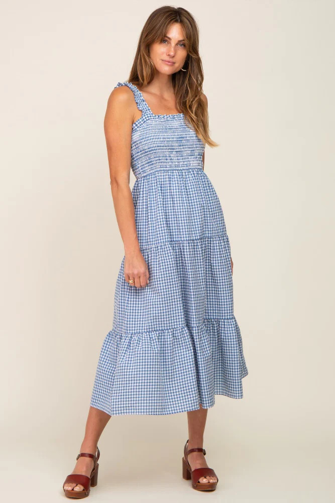 Blue Gingham Smocked Tiered Midi Dress | PinkBlush Maternity