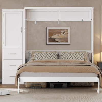 GDFStudio Kiro Modern Metal and Wood Storage Murphy Bed with Wardrobe, Drawers and Folding Design, White, Queen | Target
