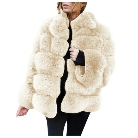 DondPO Fake Fur Coat Furry Sleeve Size Warm Jacket FauxLong Plus Faux Outerwear Short Coat Women Women's Coat Fur Jackets for Women Fuzzy Jacket Beige 3XL | Walmart (US)