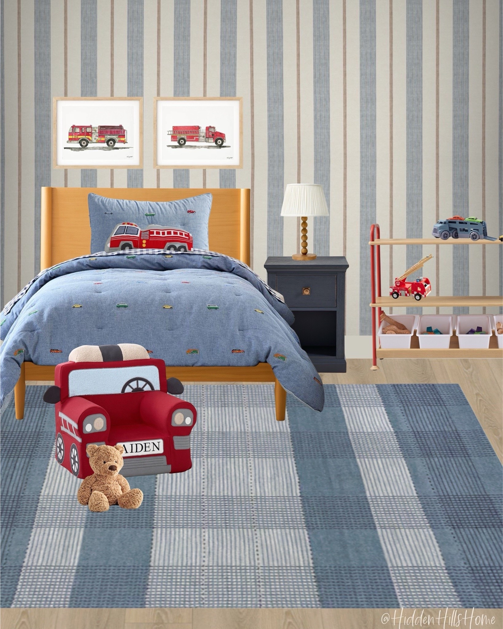 Boys bedroom ideas! Kids firetruck themed bedroom, toddler bedroom, big boy room, fire truck bedroom mood board, home decor, boys room design #boysroom